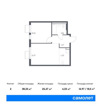 38,3 м², 1-комн. квартира, 13/17 этаж