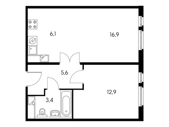 46,5 м², 1-комн. квартира, 3/9 этаж