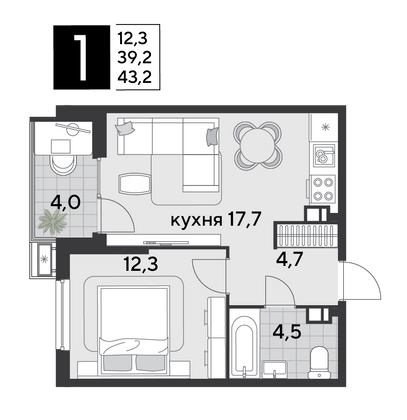 Продажа 1-комнатной квартиры 43,2 м², 8/18 этаж