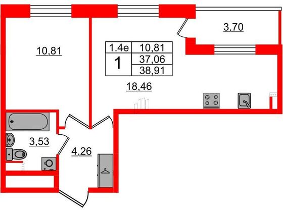 Продажа 1-комнатной квартиры 37,1 м², 3/5 этаж