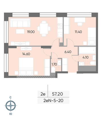 Продажа 2-комнатной квартиры 57,2 м², 20/30 этаж