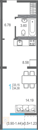 Продажа квартиры-студии 34,4 м², 10/16 этаж