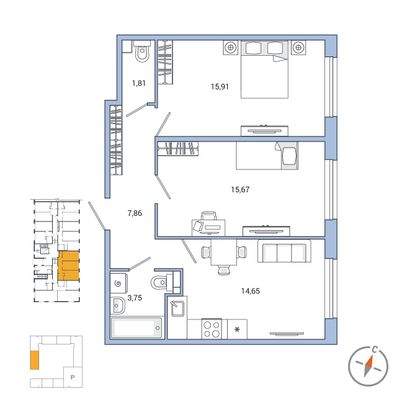 59,7 м², 2-комн. квартира, 1/7 этаж