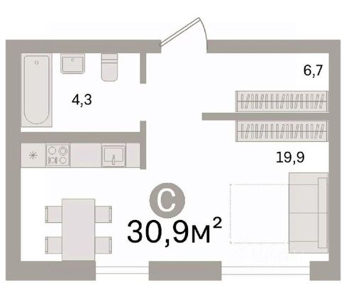 Продажа 1-комнатной квартиры 30,9 м², 3/4 этаж