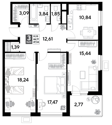 Продажа 3-комнатной квартиры 87,5 м², 4/25 этаж