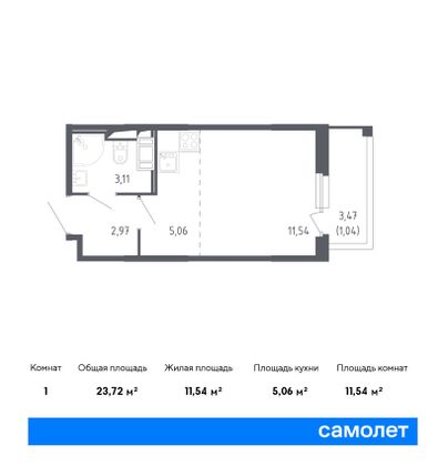 23,7 м², студия, 6/10 этаж