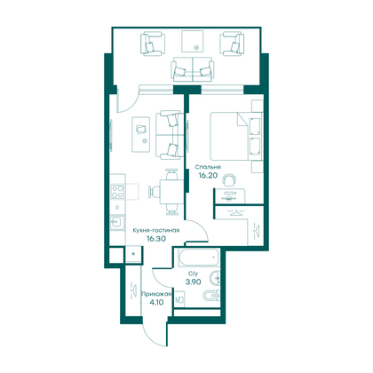 40,5 м², 2-комн. квартира, 1/6 этаж