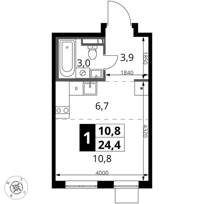 24,4 м², 1-комн. квартира, 18/24 этаж