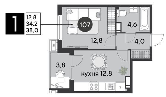 Продажа 1-комнатной квартиры 38 м², 12/18 этаж