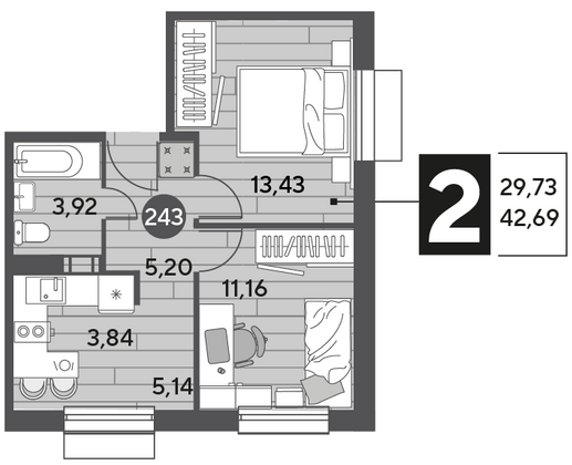 Продажа 2-комнатной квартиры 42,7 м², 9/12 этаж