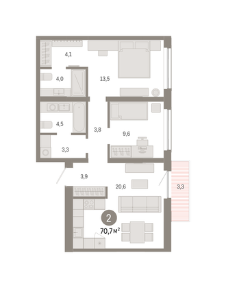 Продажа 2-комнатной квартиры 70,7 м², 3/7 этаж