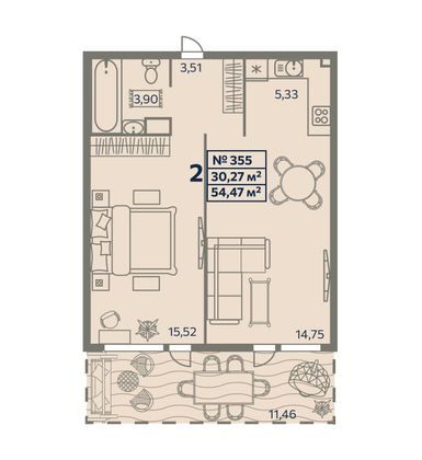 46,5 м², 2-комн. квартира, 1/8 этаж