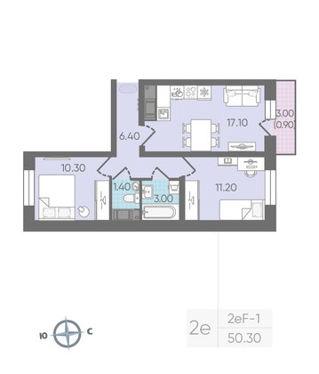 Продажа 2-комнатной квартиры 50,3 м², 11/16 этаж