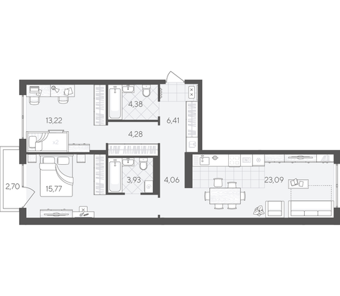 77,8 м², 2-комн. квартира, 2/9 этаж