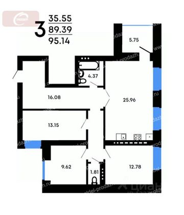 Продажа 3-комнатной квартиры 95,1 м², 3/3 этаж