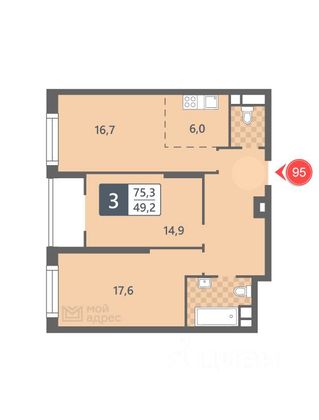 Продажа 3-комнатной квартиры 75,3 м², 9/32 этаж