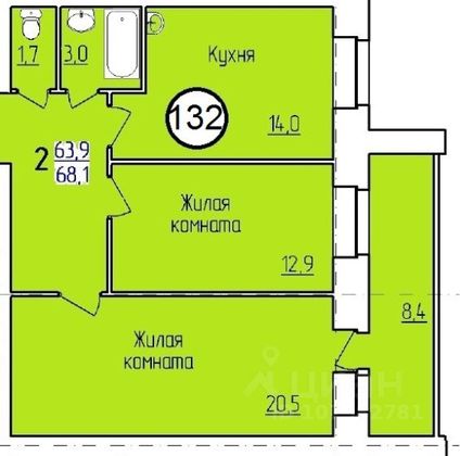 Продажа 2-комнатной квартиры 68,1 м², 9/10 этаж