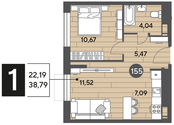 Продажа 1-комнатной квартиры 38,8 м², 9/10 этаж