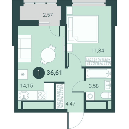 36,6 м², 1-комн. квартира, 8/10 этаж