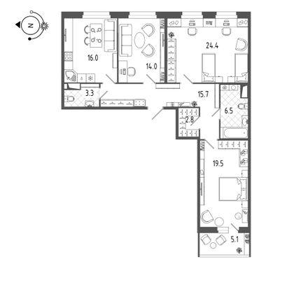 104,8 м², 3-комн. квартира, 4/19 этаж