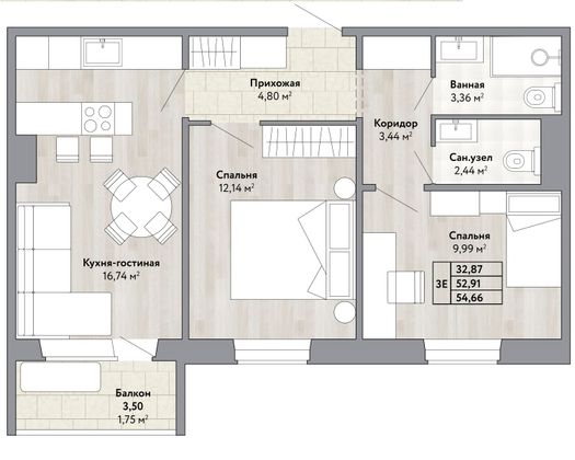 54,7 м², 2-комн. квартира, 10/10 этаж