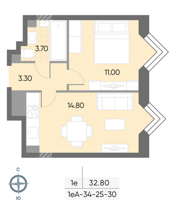 Продажа 1-комнатной квартиры 32,8 м², 25/30 этаж