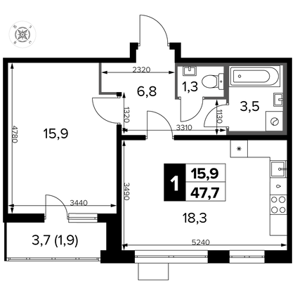 47,6 м², 2-комн. квартира, 7/14 этаж