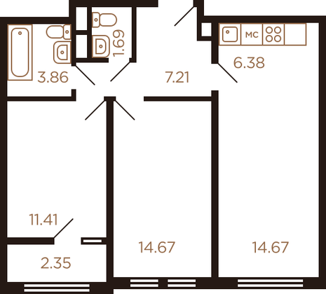 60 м², 3-комн. квартира, 7/8 этаж