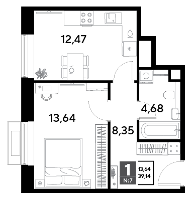 Продажа 1-комнатной квартиры 39,1 м², 2/25 этаж