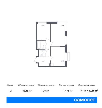 53,2 м², 2-комн. квартира, 2/9 этаж