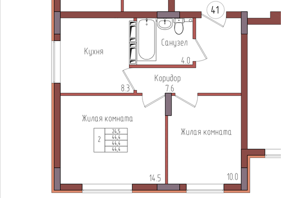 44,4 м², 2-комн. квартира, 6/9 этаж