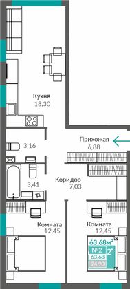 63,7 м², 2-комн. квартира, 1/9 этаж