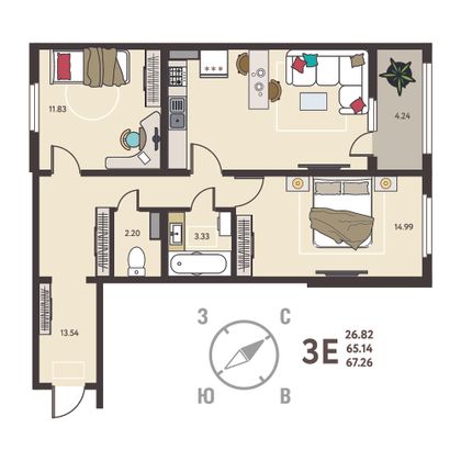 67,3 м², 2-комн. квартира, 11/18 этаж