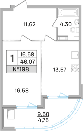 46,1 м², 1-комн. квартира, 15 этаж