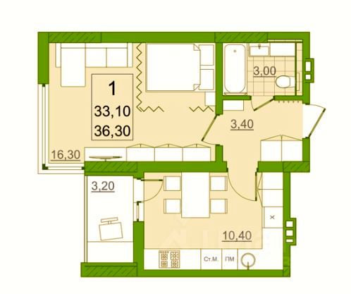 Продажа 1-комнатной квартиры 36,3 м², 11/22 этаж