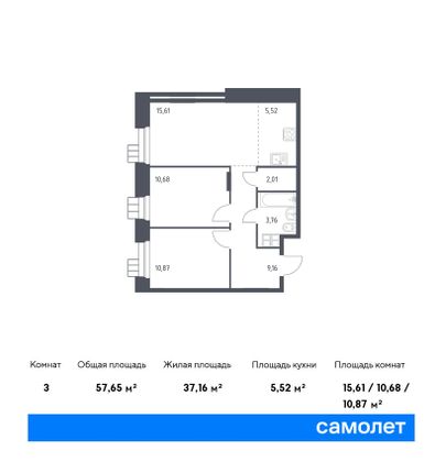 Продажа 3-комнатной квартиры 57,7 м², 5/16 этаж