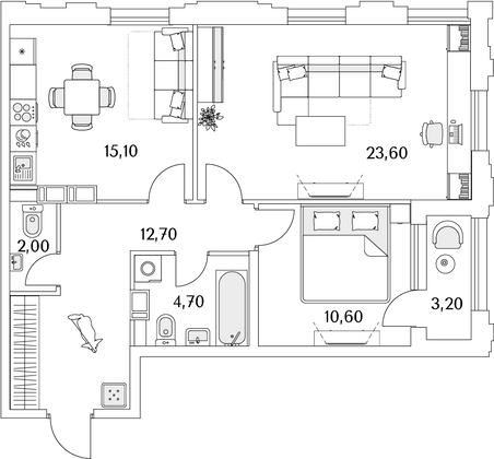 70,3 м², 2-комн. квартира, 2/13 этаж