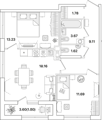 61,1 м², 2-комн. квартира, 3/12 этаж