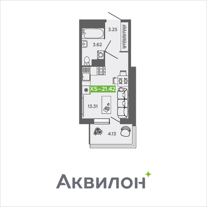 21,4 м², студия, 4/9 этаж