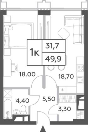 49,9 м², 2-комн. квартира, 25/52 этаж