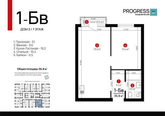 Продажа 1-комнатной квартиры 35,8 м², 7/18 этаж