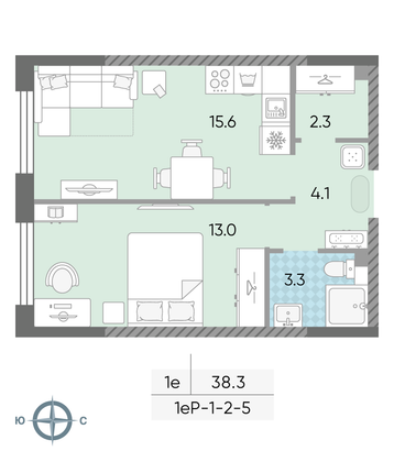 38,3 м², 1-комн. квартира, 5/24 этаж