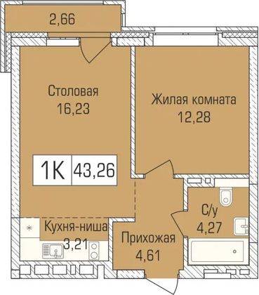 43,3 м², 1-комн. квартира, 2/9 этаж