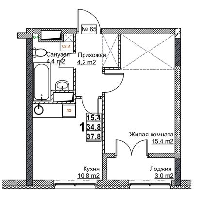 Продажа 1-комнатной квартиры 37,8 м², 8/24 этаж