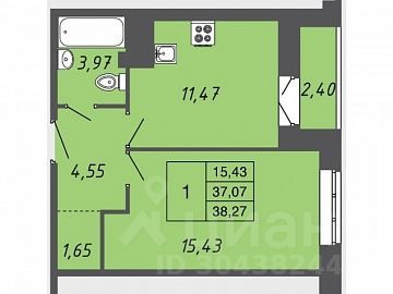 Продажа 1-комнатной квартиры 36,6 м², 7/9 этаж