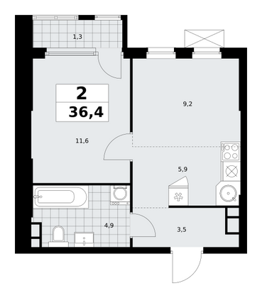 36,4 м², 2-комн. квартира, 9/30 этаж