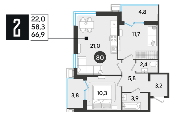 Продажа 2-комнатной квартиры 66,9 м², 2/18 этаж