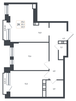 57,1 м², 2-комн. квартира, 4/8 этаж