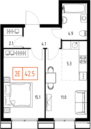 42,5 м², 2-комн. квартира, 4/9 этаж