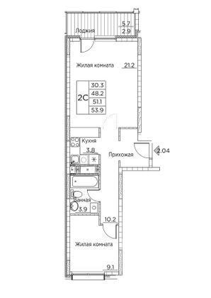 53,9 м², 2-комн. квартира, 4/23 этаж